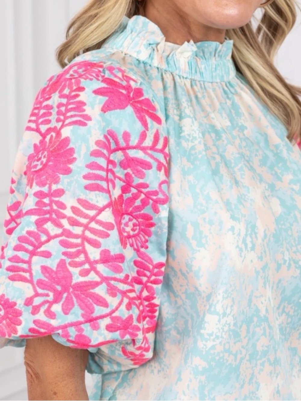 Avara Embroidered Puff Sleeve Blouse in Turquoise & Hot Pink - Picture 2 of 8